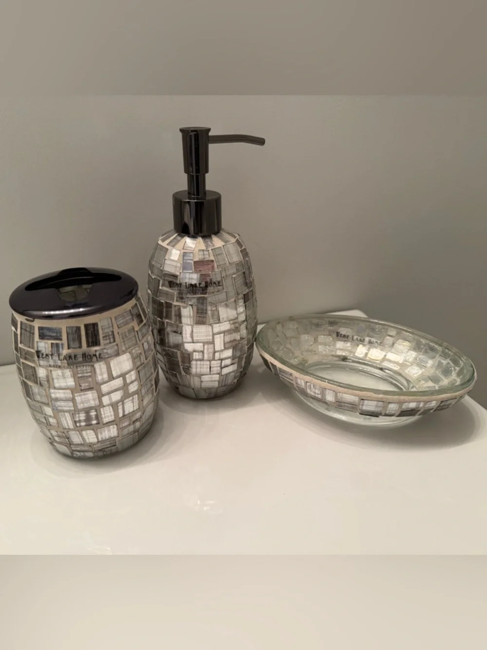 Silver Mosaic Home Bath Soap Dispenser pump, soap dish and toothbrush holder